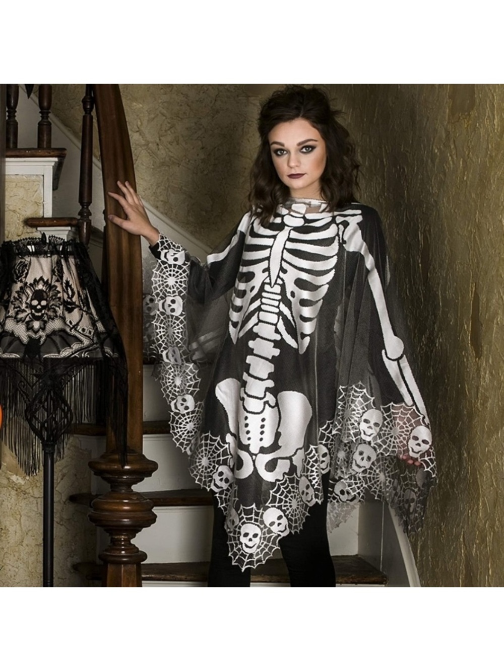 Skeleton Lace Poncho - Black and White